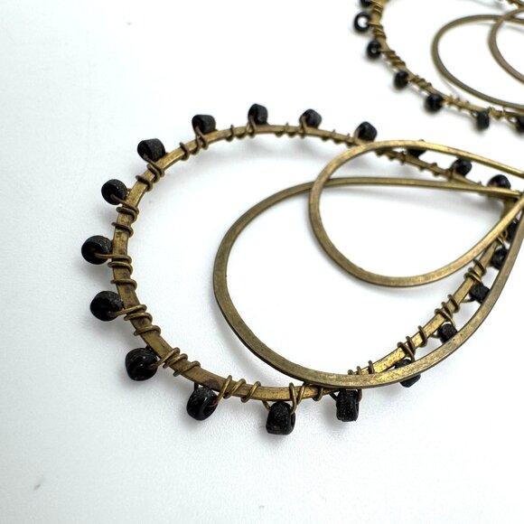 Handmade Nepal Brass Black Bead Teardrop Dangle Earrings Wire Wrapped Accents - Picture 5 of 6
